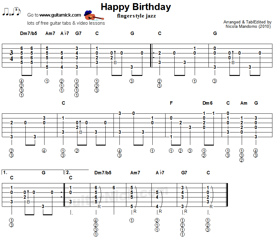 Happy Birthday - fingerstyle jazz guitar tab