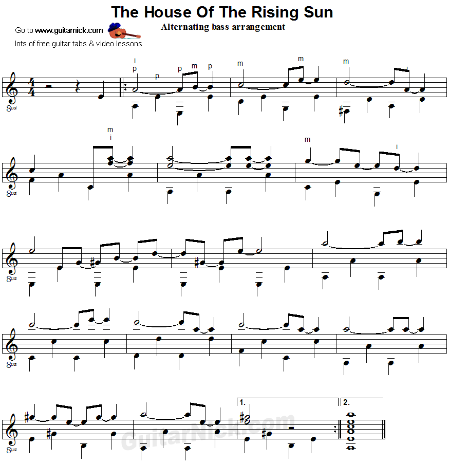 House Of The Rising Sun - fingerpicking guitar sheet music