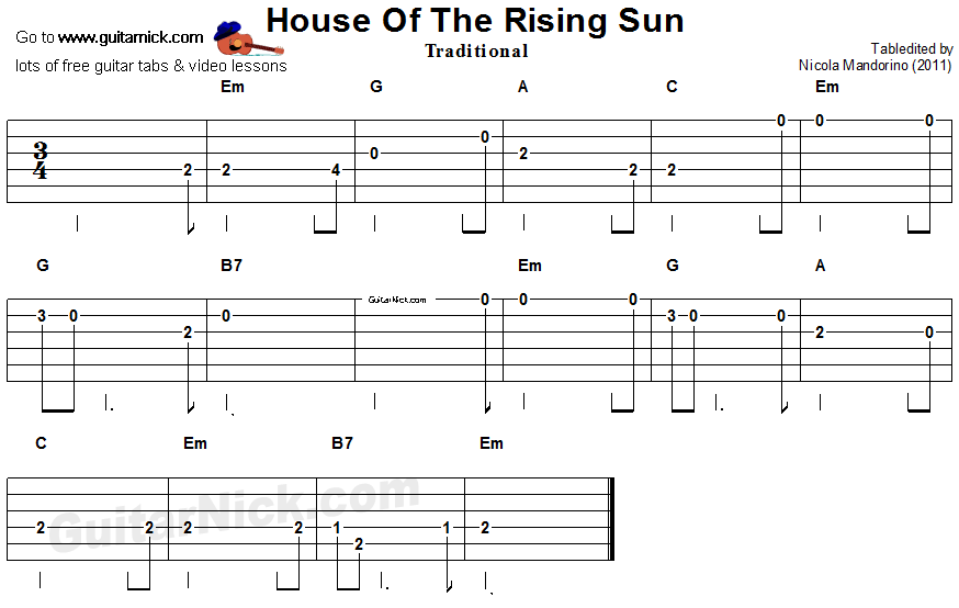 House Of The Rising Sun - easy guitar tablature