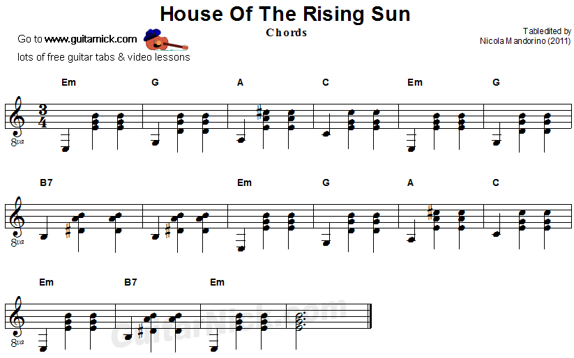 House Of The Rising Sun -  guitar chords sheet music