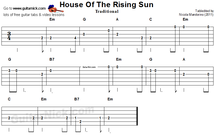 House Of The Rising Sun sheet music for guitar (chords) (PDF)