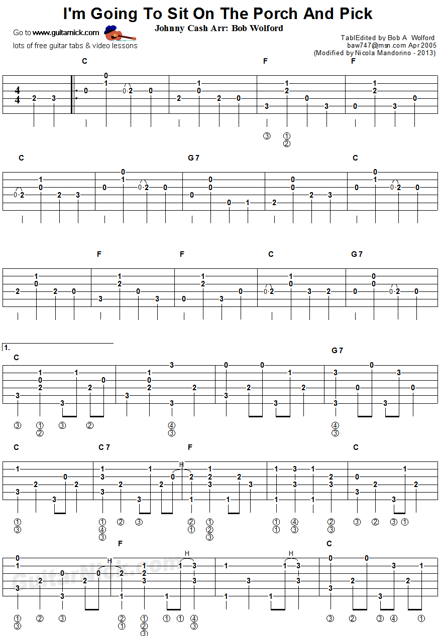 I'm Going To Sit On The Porch And Pick, Johnny Cash - fingerpicking guitar tab1