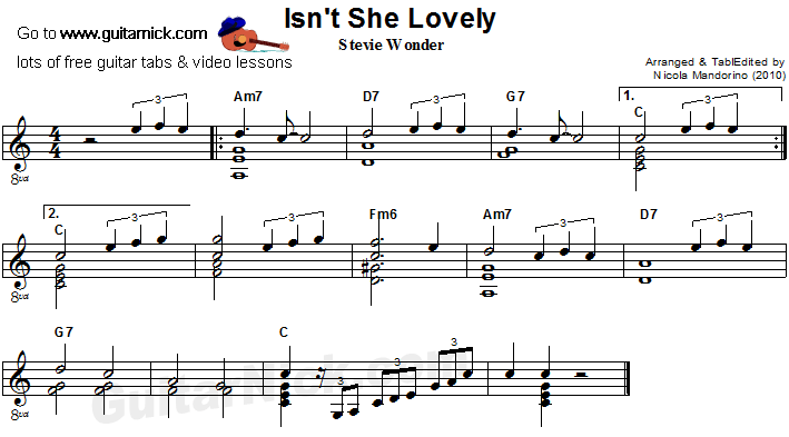 Isn't She Lovely - flatpicking guitar sheet music