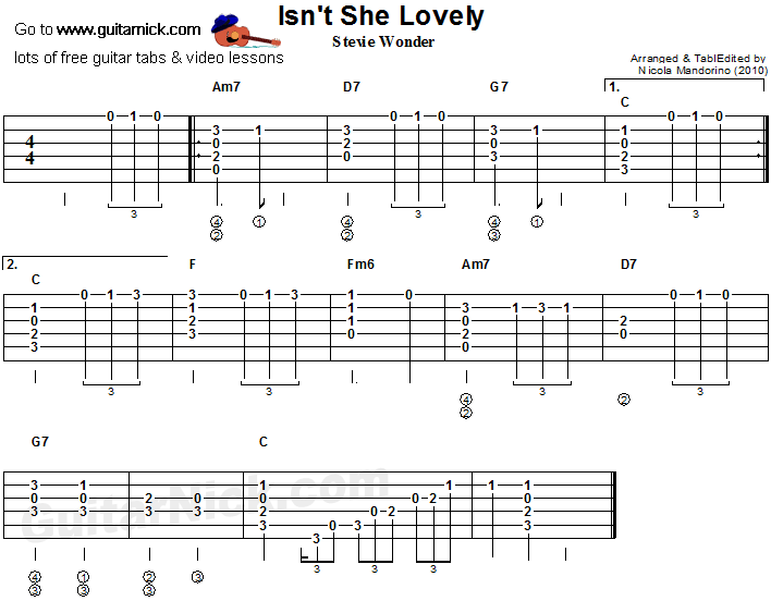 Isn't She Lovely - flatpicking guitar tab