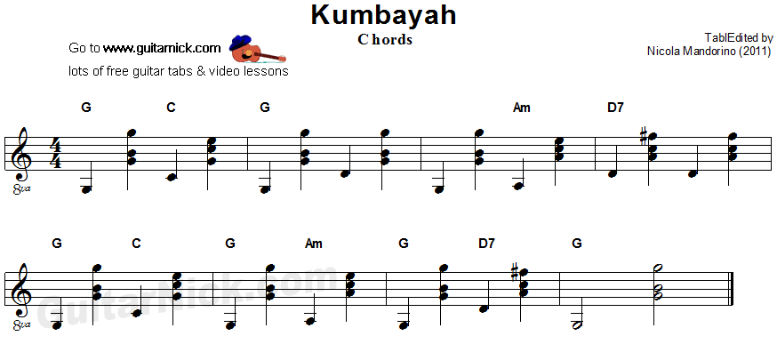 Kumbayah - guitar chords sheet music