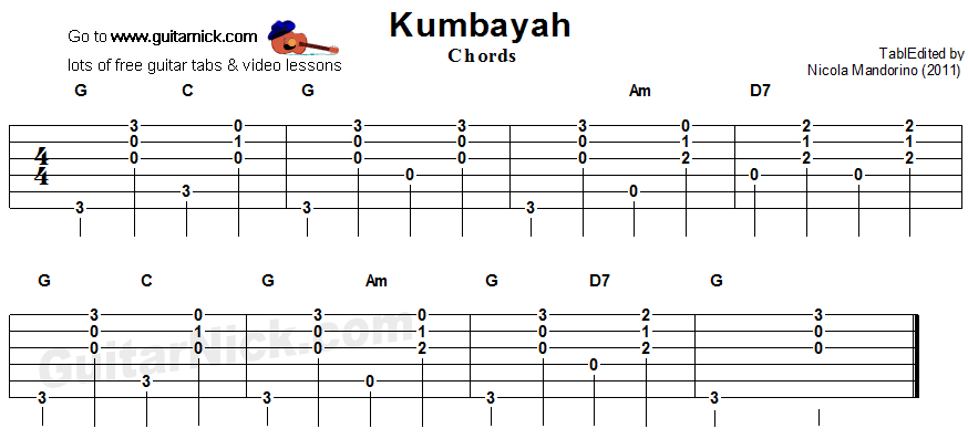 Kumbayah - guitar chords tablature