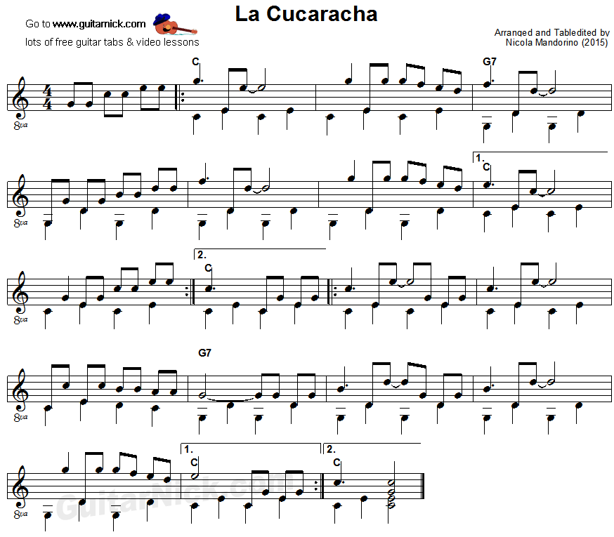 La Cucaracha - fingerpicking guitar sheet music
