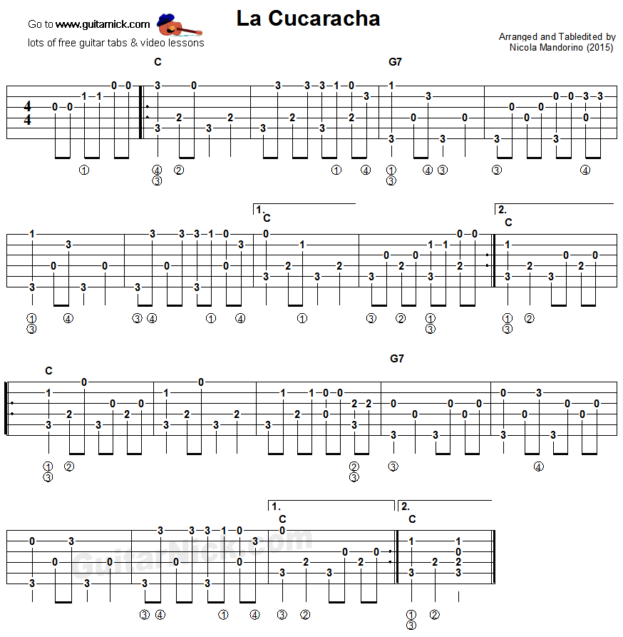 La Cucaracha - fingerpicking guitar tablature