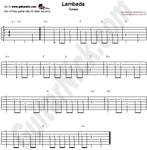 Lambada (Kaoma) - easy guitar tab chords - PDF