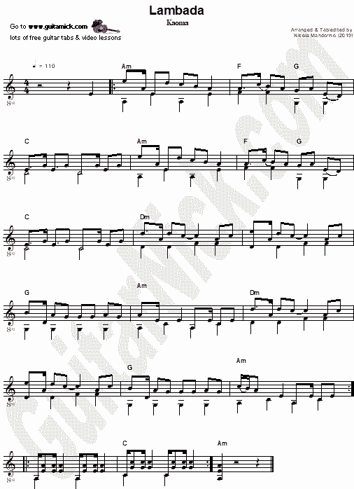 Lambada - Kaoma - fingerstyle guitar sheet music PDF