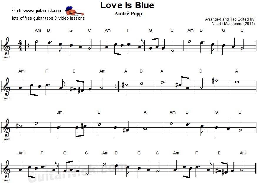 Love Is Blue - easy guitar sheet music