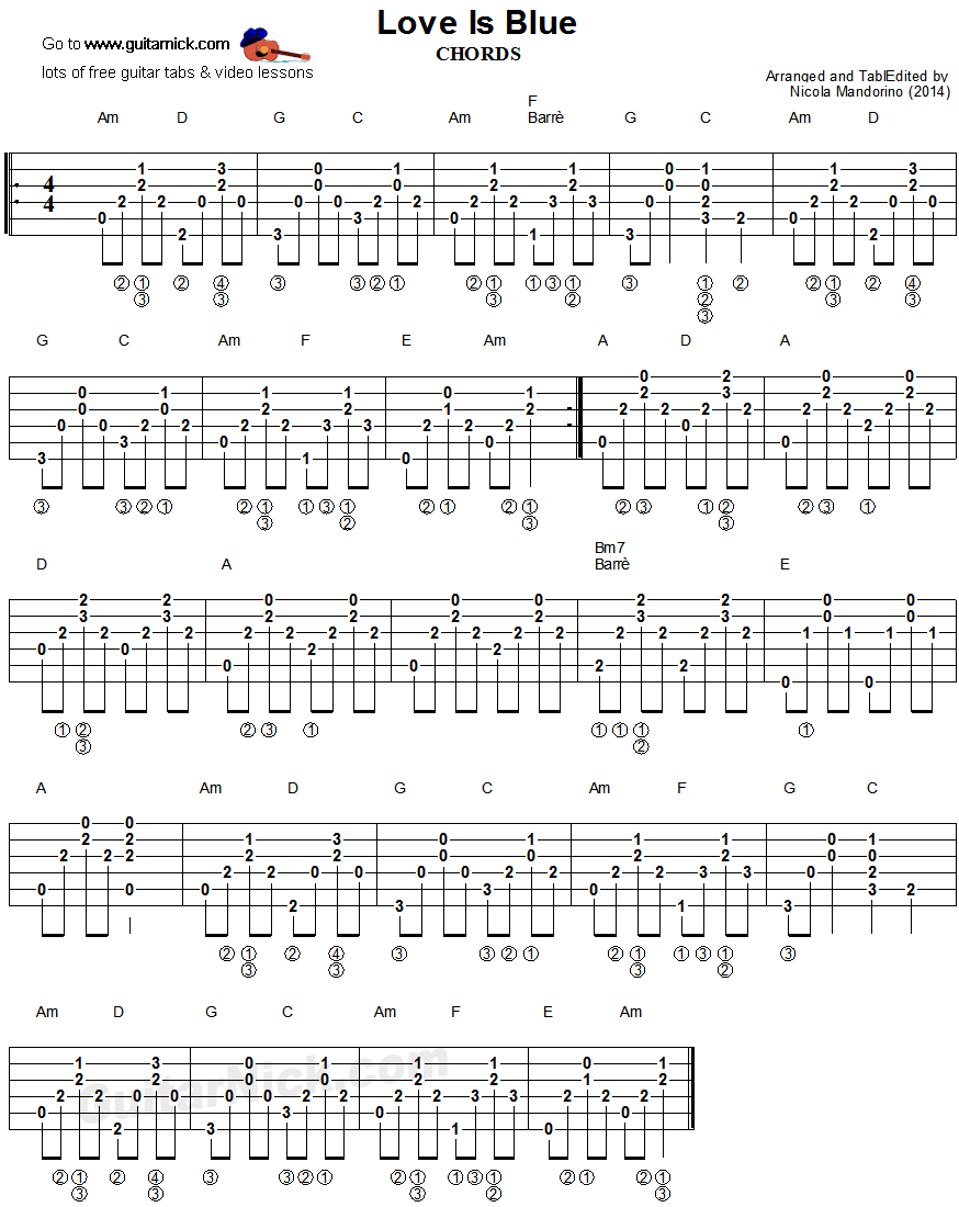 Love Is Blue - guitar chords tablature