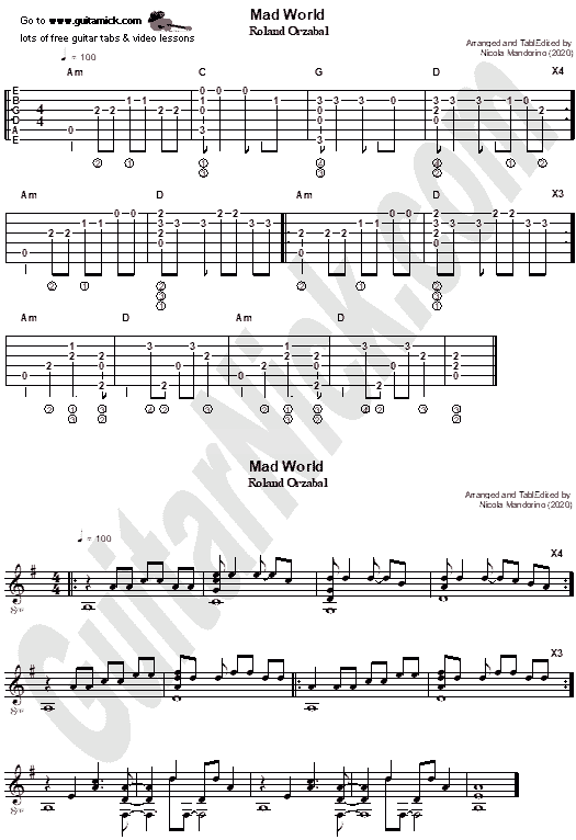Mad World - Gary Jules | Fingerstyle Guitar Tab | PDF