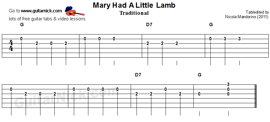 Mary Had A Little Lamb - easy guitar tablature