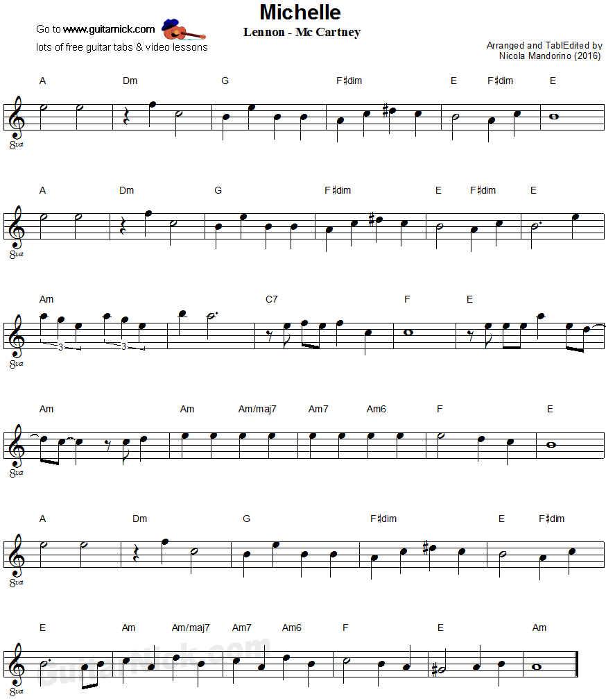 Michelle, Beatles - easy guitar sheet music
