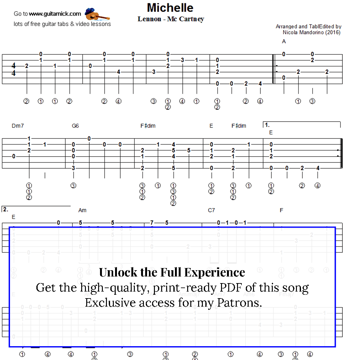 Michelle - fingerstyle guitar tablature