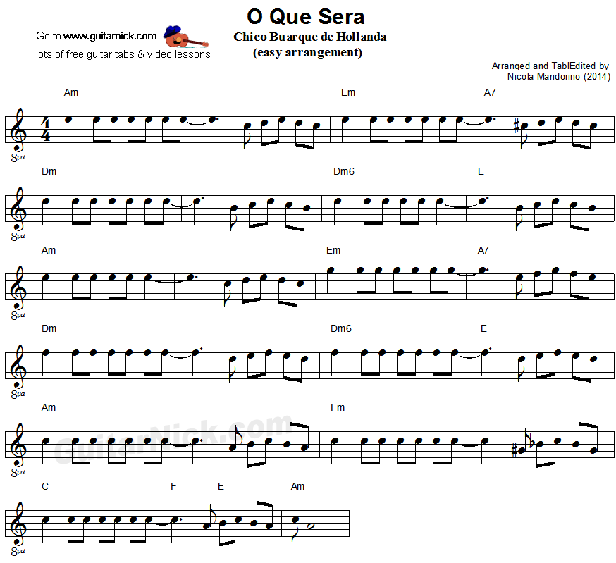 O Que Sera' - easy guitar sheet music