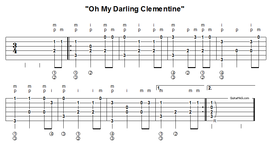 Oh My Darling Clementine - fingerpicking guitar tablature 1
