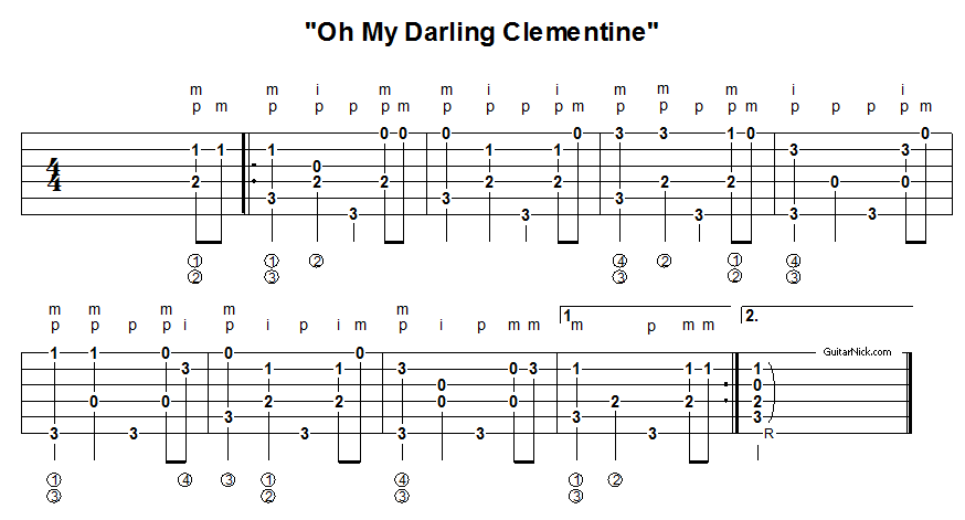 Oh My Darling Clementine - fingerpicking guitar tablature 2