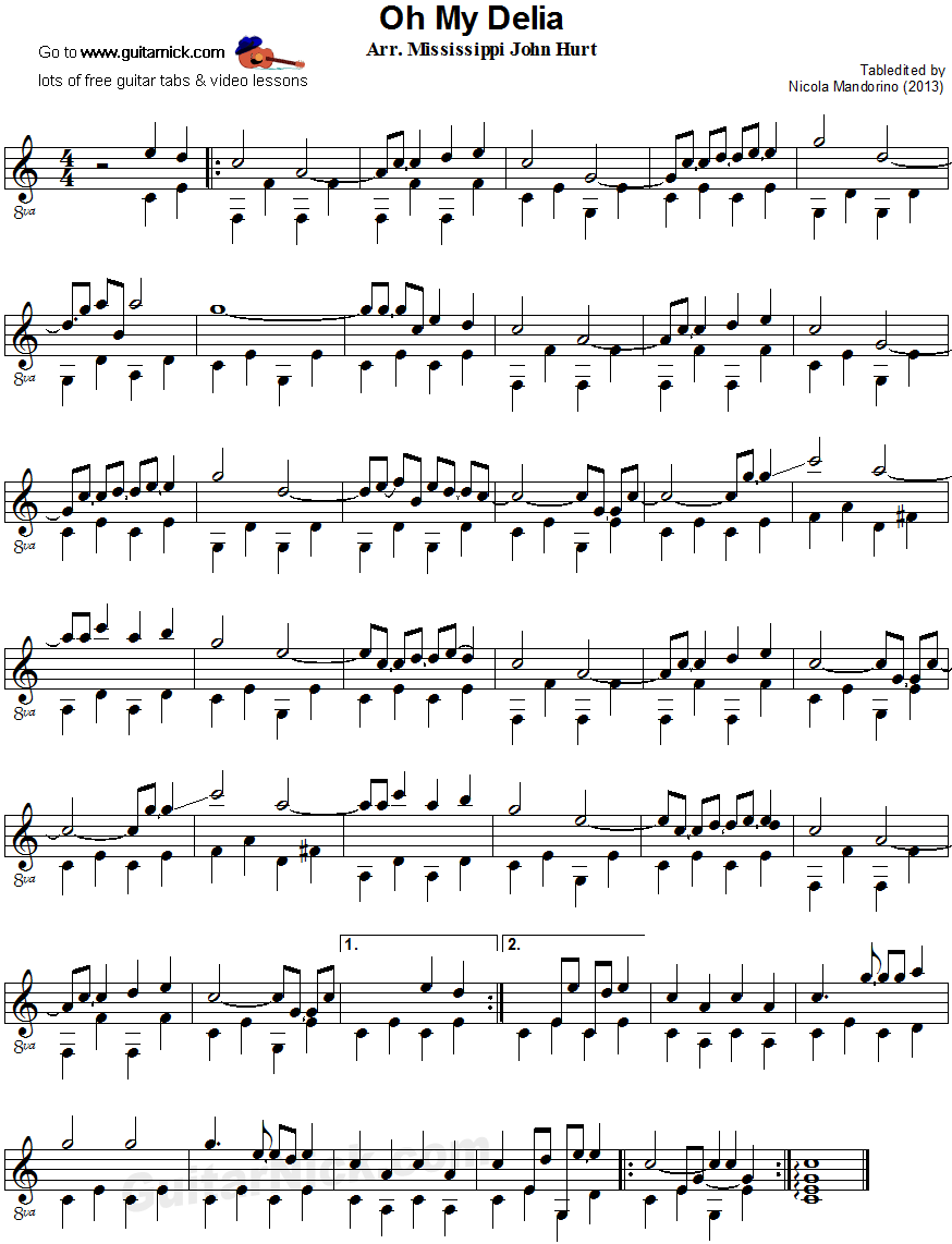 Oh My Delia - fingerpicking guitar sheet music