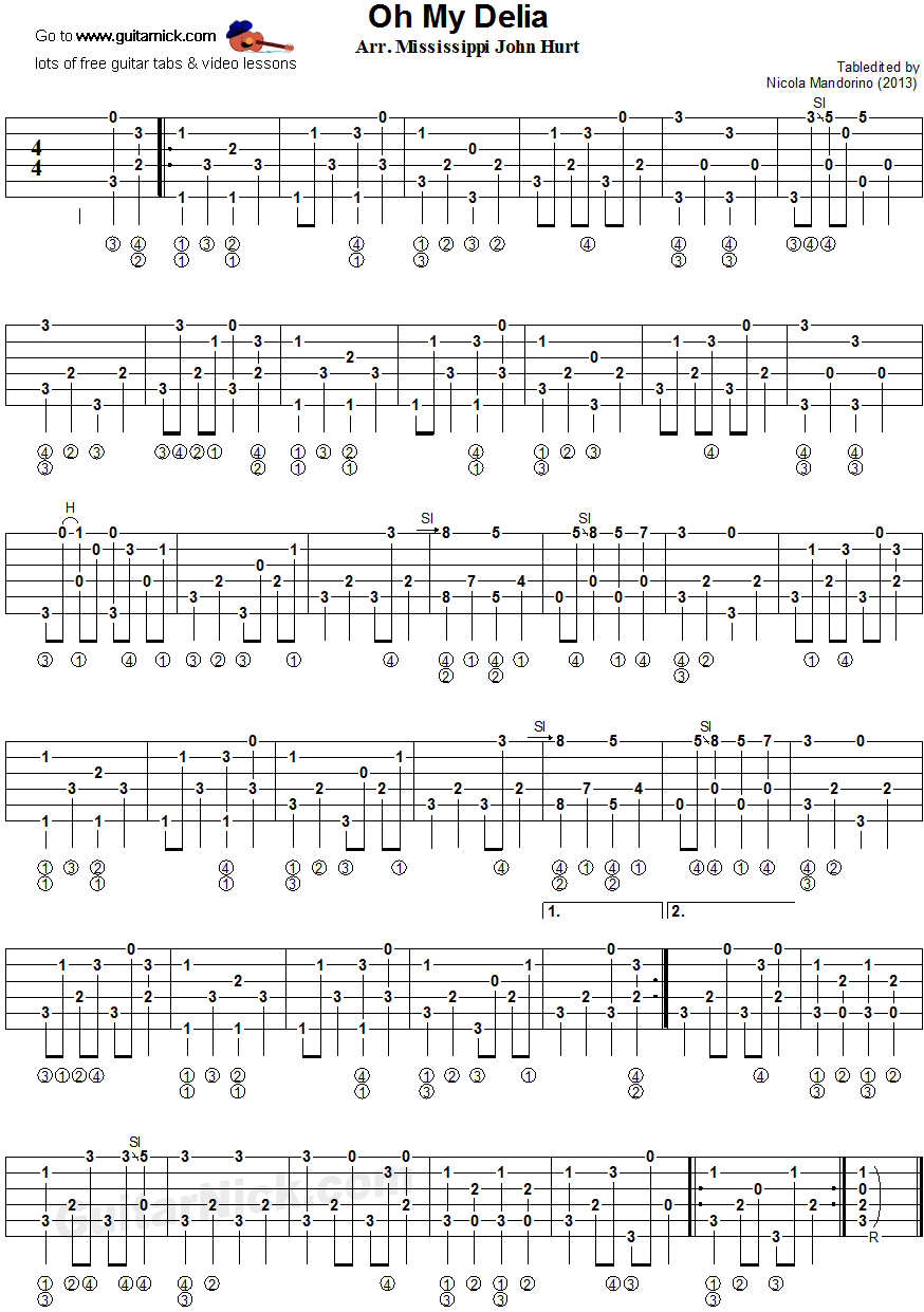 Oh My Delia - fingerpicking guitar tablature