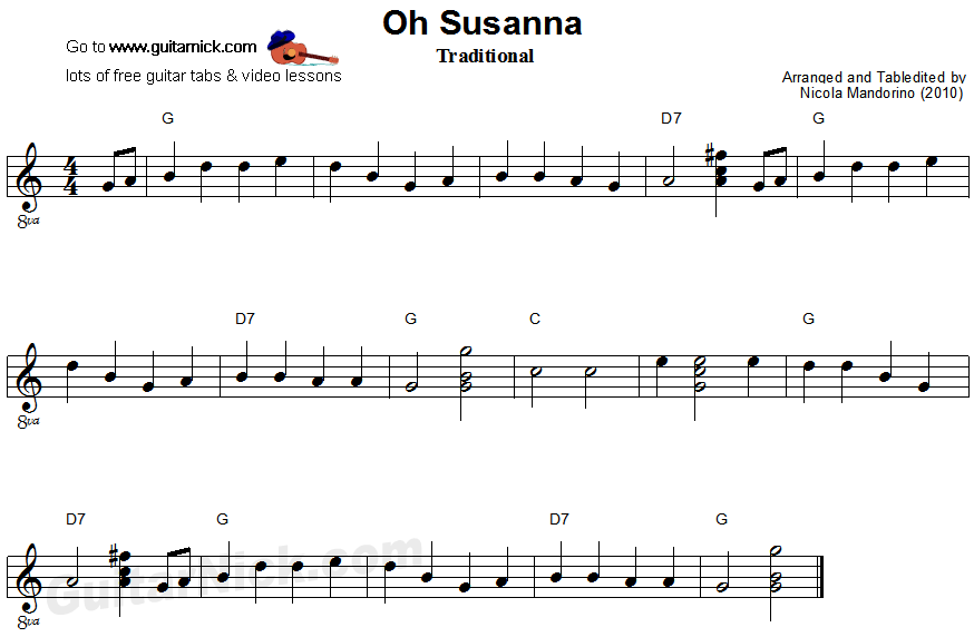 Oh Susanna - easy guitar sheet music