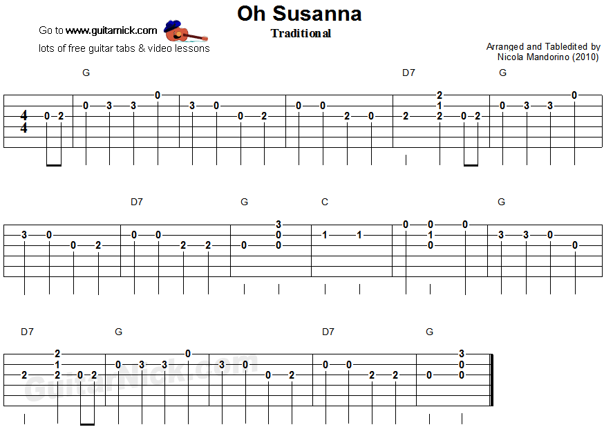 Oh Susanna - easy guitar tablature