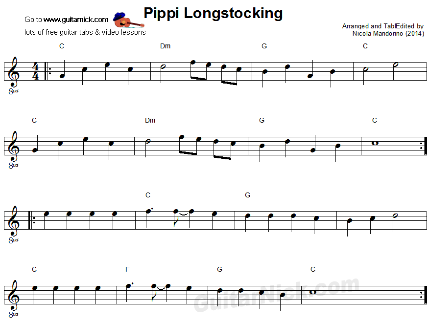 Pippi Longstocking - easy guitar sheet music