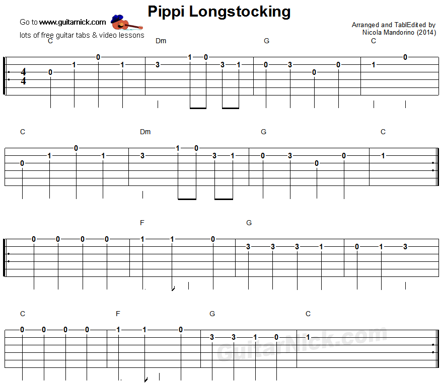 Pippi Longstocking - easy guitar tablature
