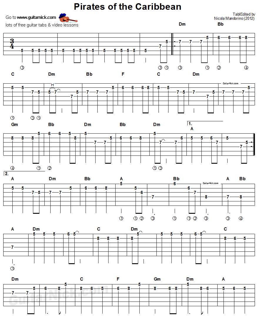 Pirates Of The Caribbean - electric guitar tablature 1