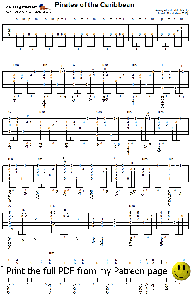 Pirates of the Caribbean - fingerstyle guitar tab