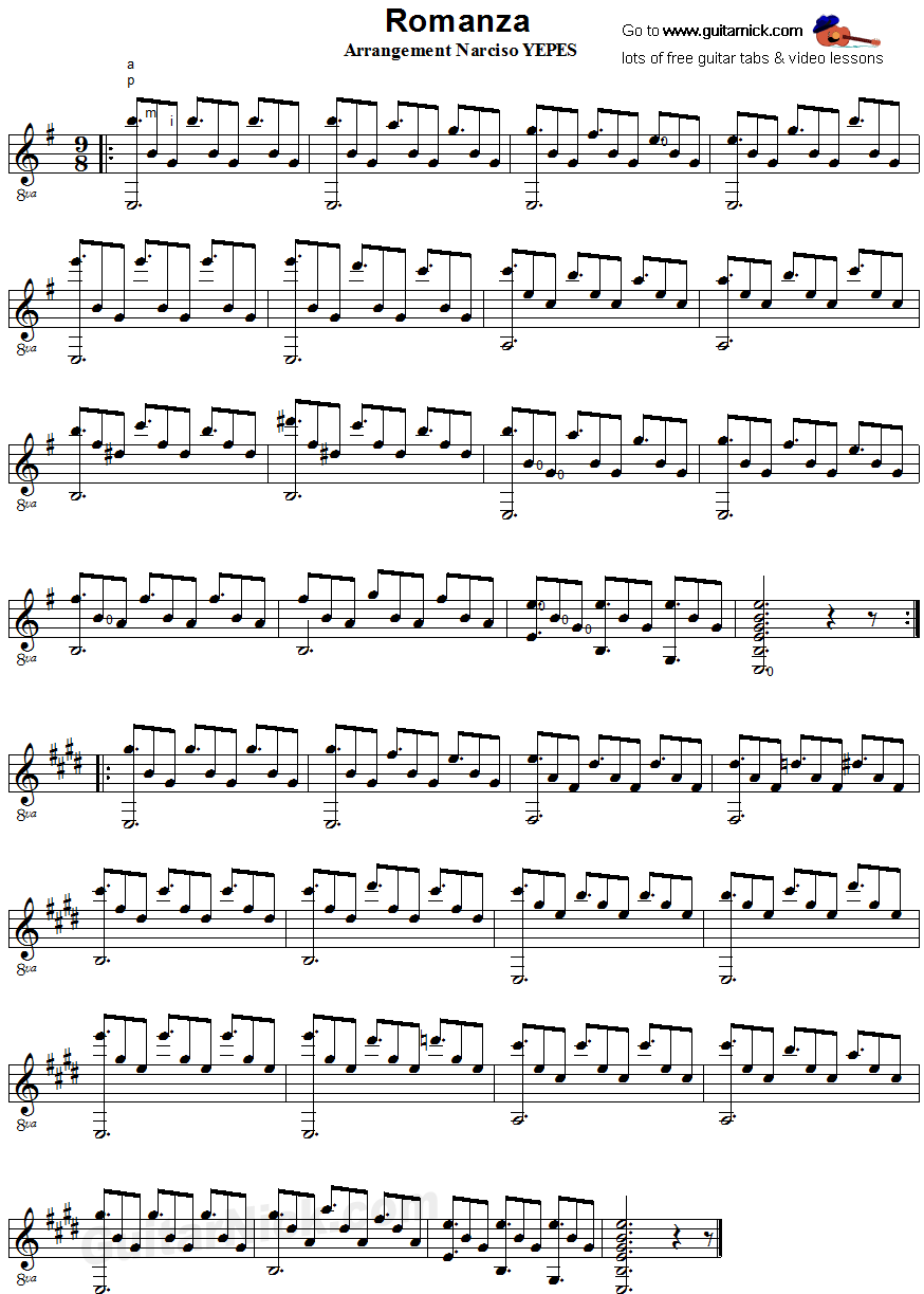 Spanish Romance - fingerstyle guitar sheet music