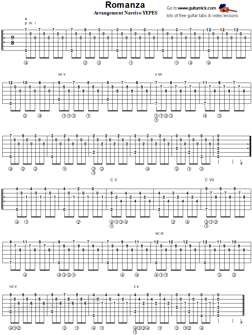 Spanish Romance - fingerstyle guitar tablature