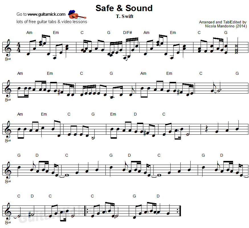 Safe & Sound - easy guitar sheet music