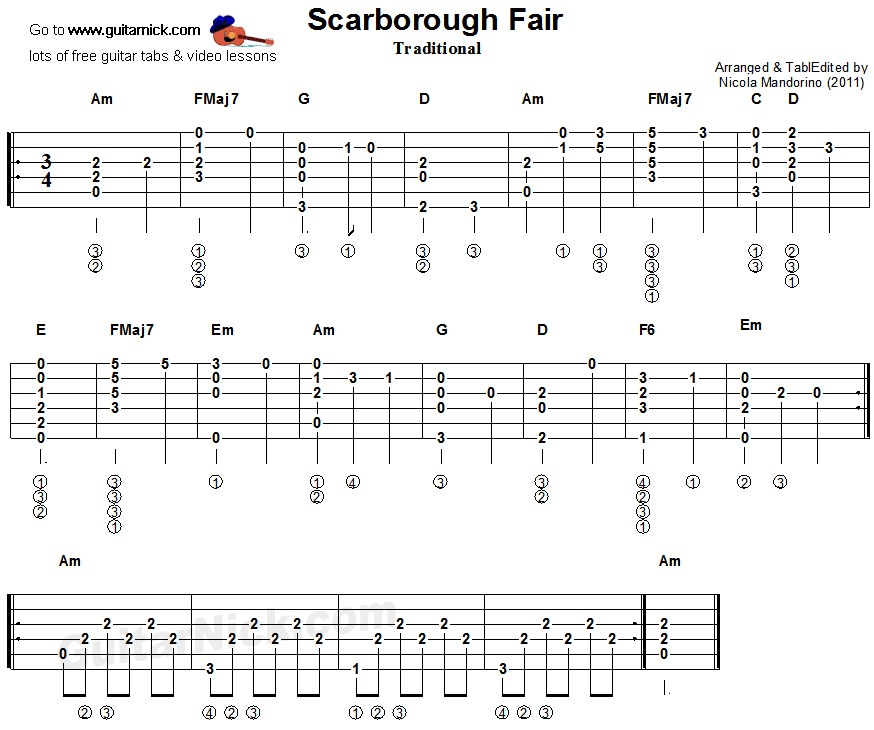 Scarborough Fair - fingerstyle guitar tablature
