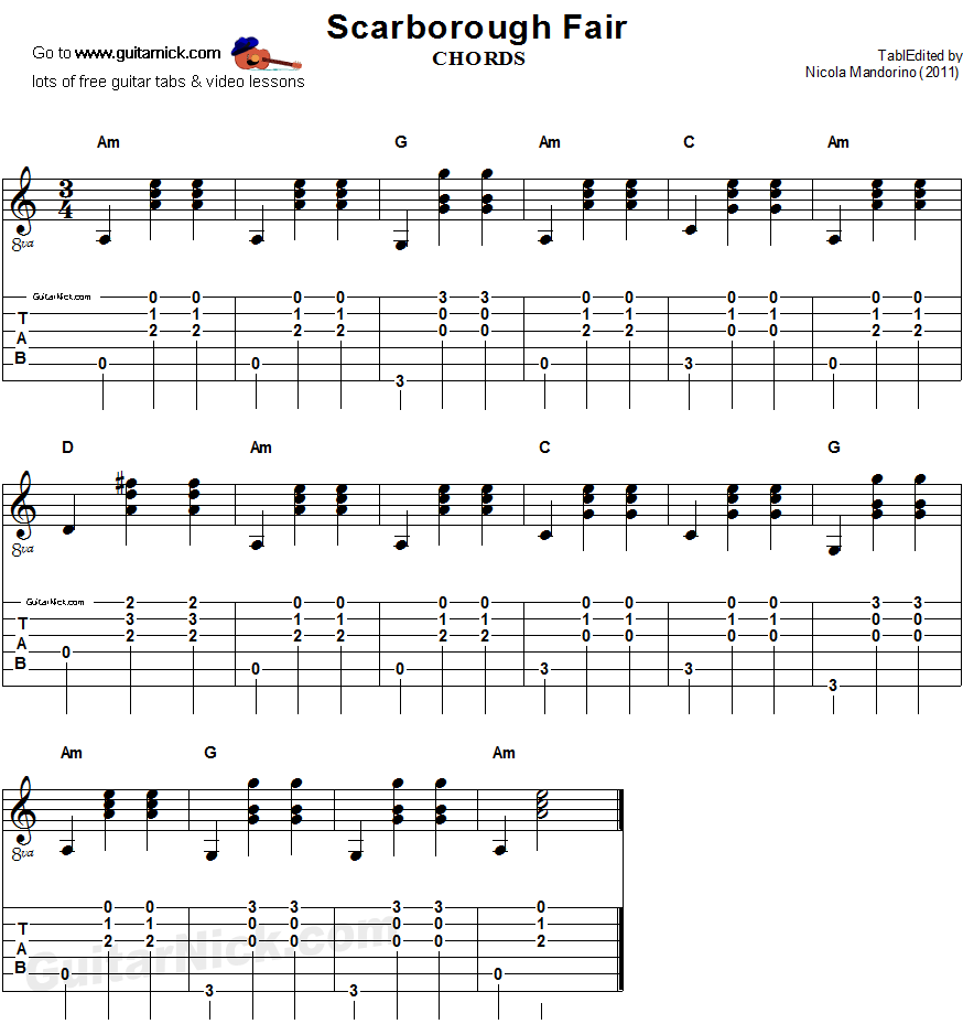 Scarborough Fair - guitar chords tablature