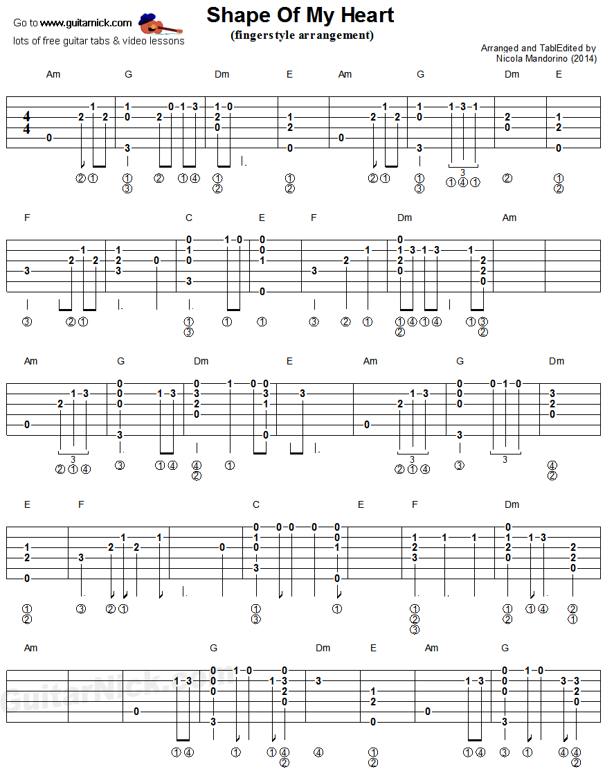 Shape Of My Heart - fingerstyle guitar tablature 1