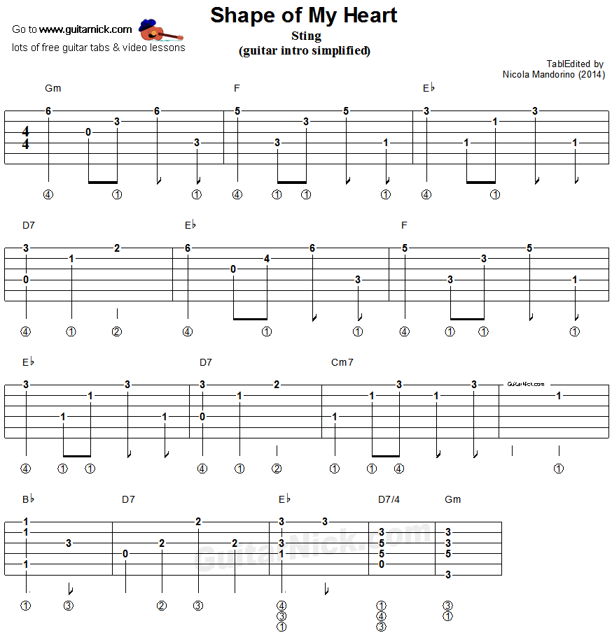 Shape Of My Heart - guitar arpeggio tablature