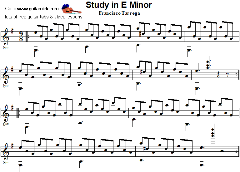 Study In E Minor (Tarrega) - classical guitar sheet music