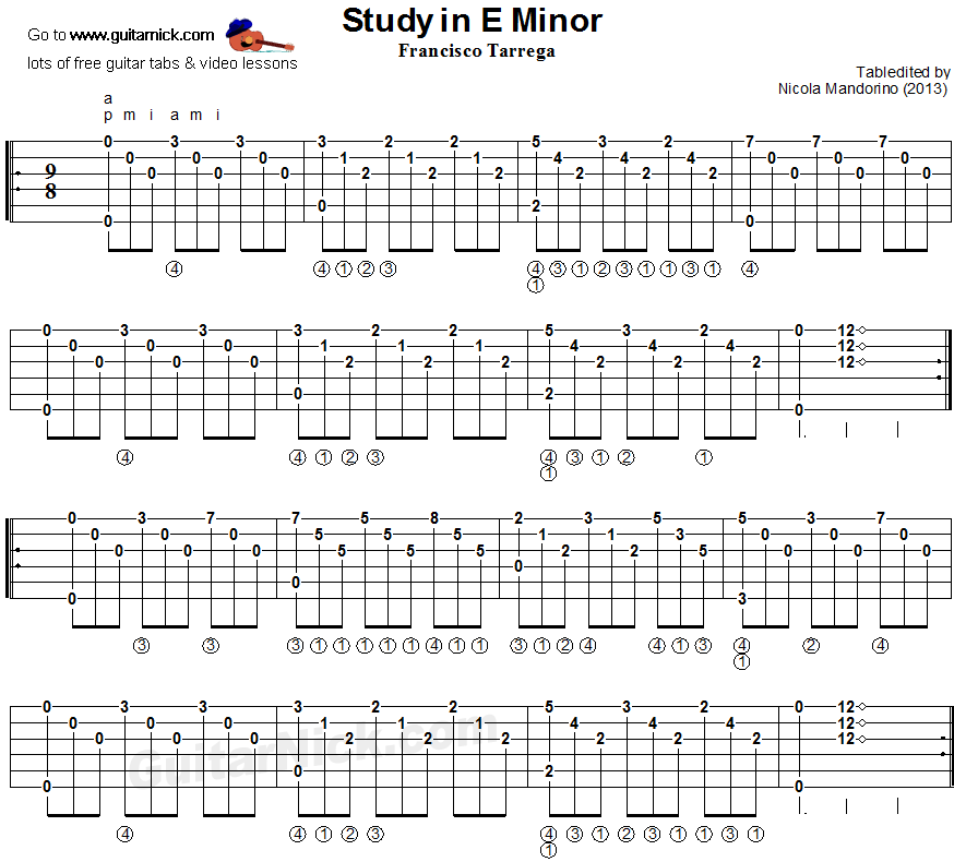 Study In E Minor (Tarrega) - classical guitar tab