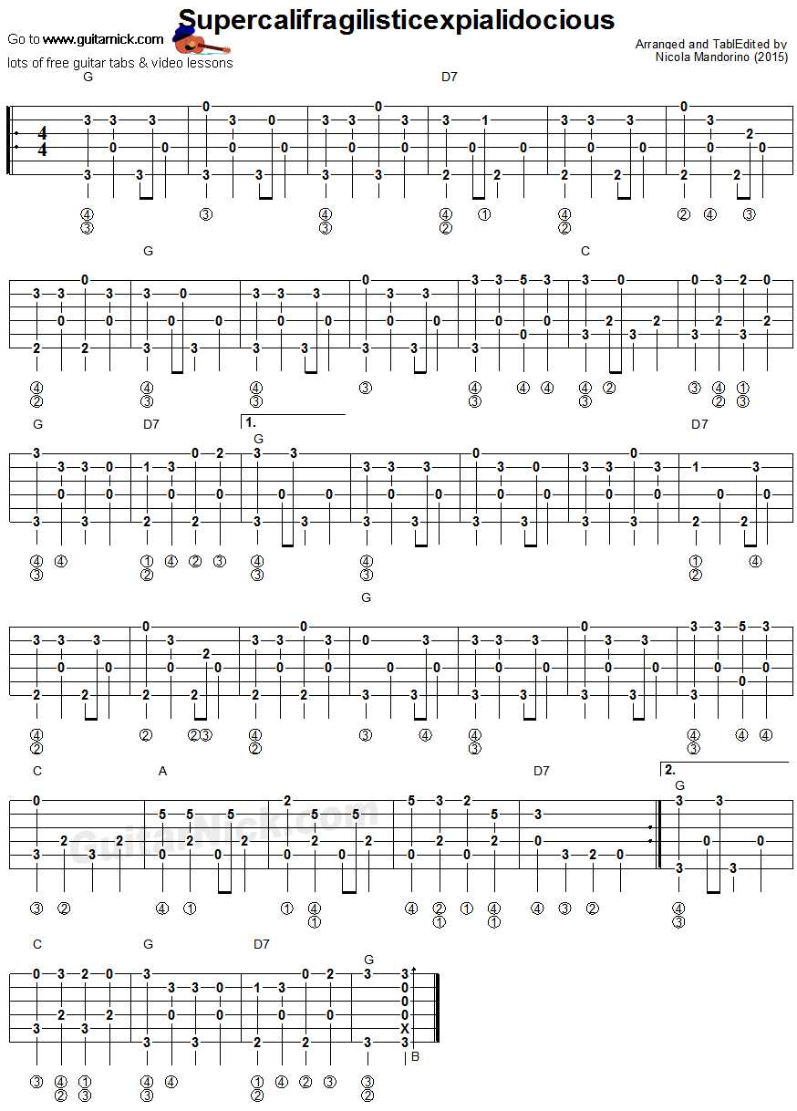 Supercalifragilisticexpialidocious: fingerpicking guitar tablature