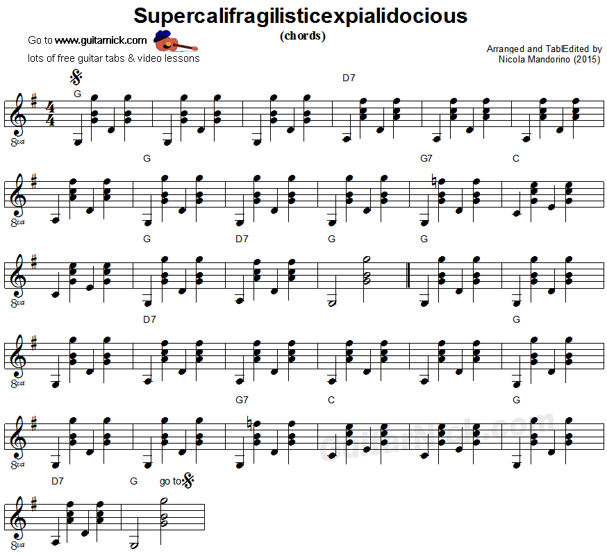 Supercalifragilisticexpialidocious - guitar chords sheet music