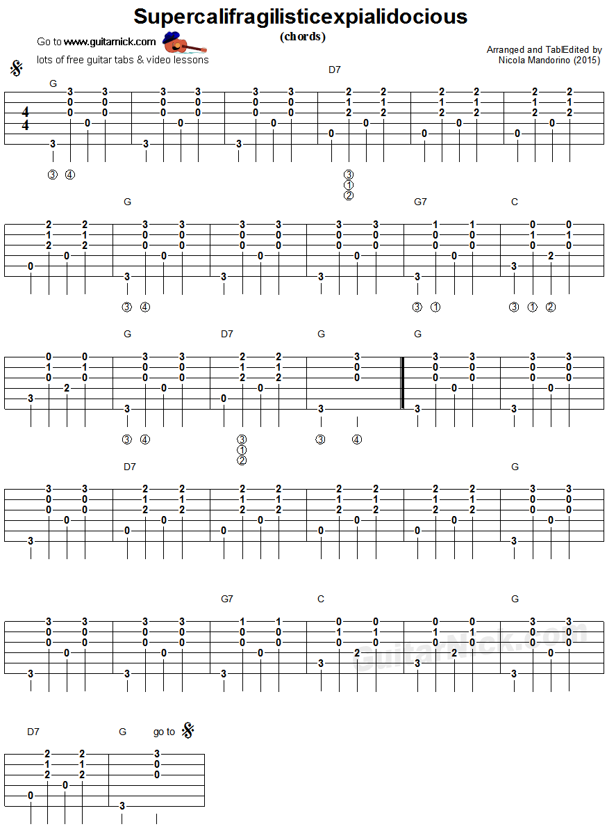 Supercalifragilisticexpialidocious - guitar chords tablature