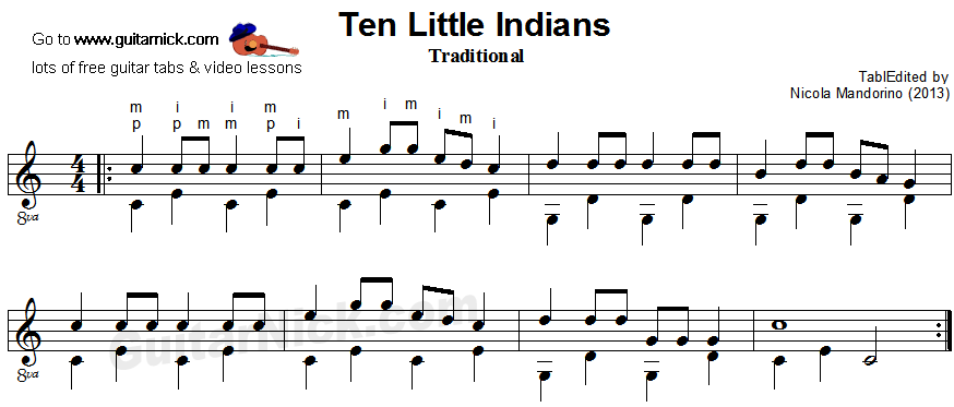 Ten LIttle Indians - fingerpicking guitar sheet music