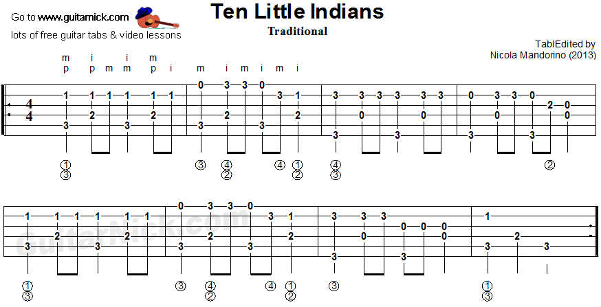 Ten LIttle Indians - fingerpicking guitar tablature