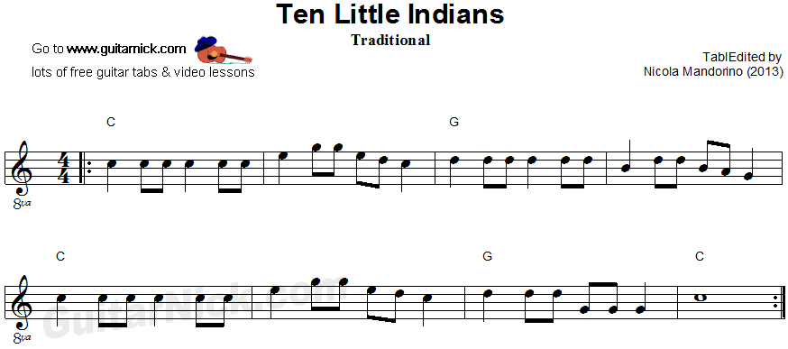 Ten Little Indians - easy guitar sheet music