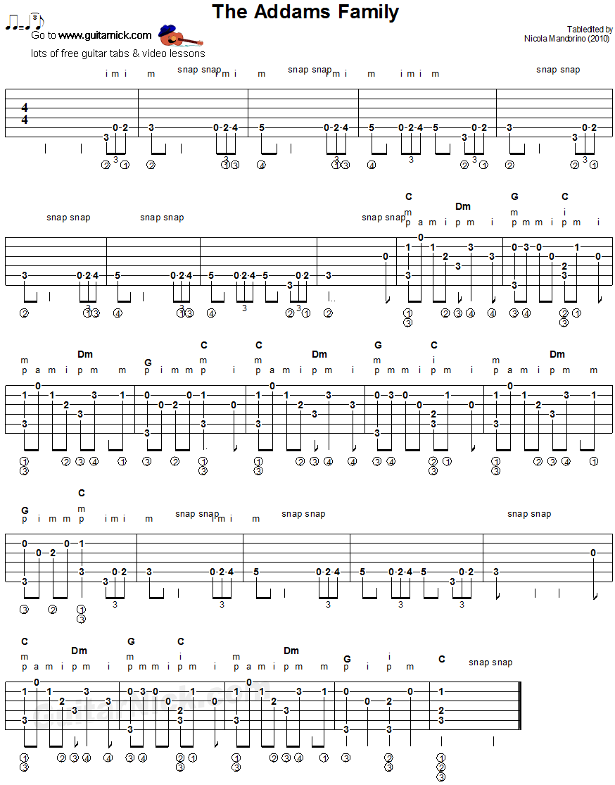 The Addams Family - fingerstyle guitar tablature