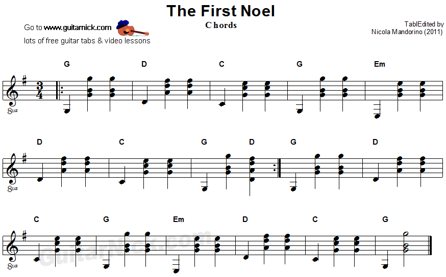 The First Noel - guitar chords sheet music