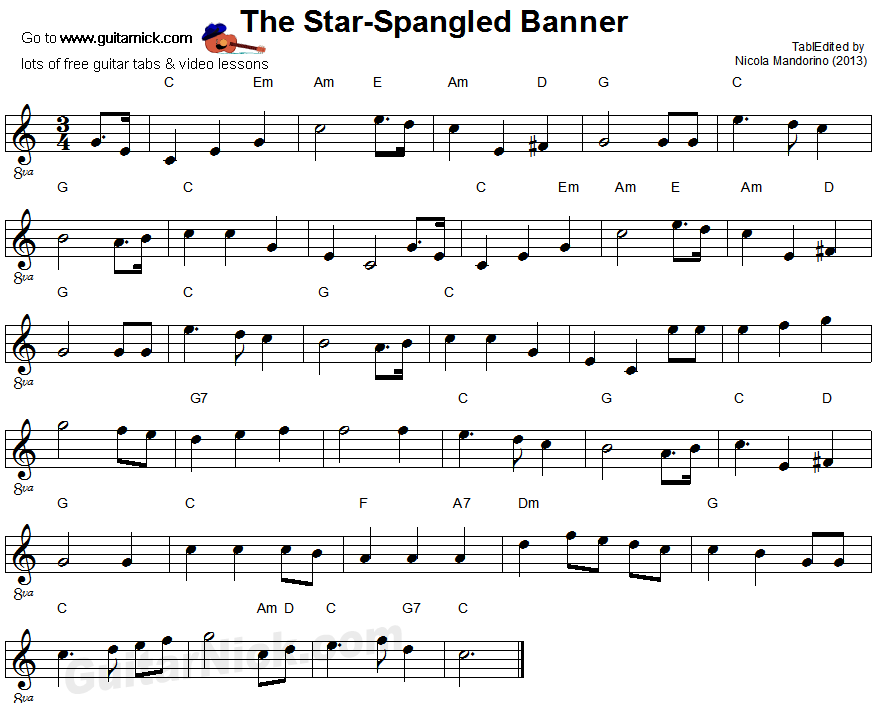 The Star Spangled-Banner - easy guitar sheet music