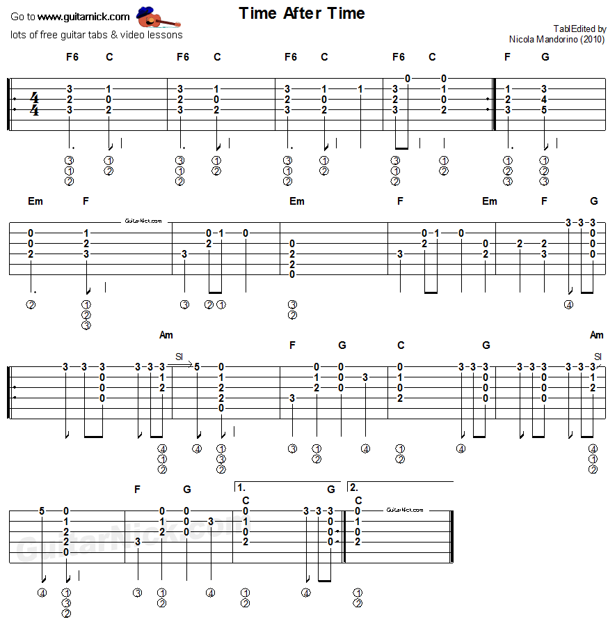 Time After Time, Cyndi Lauper - easy acoustic guitar tab
